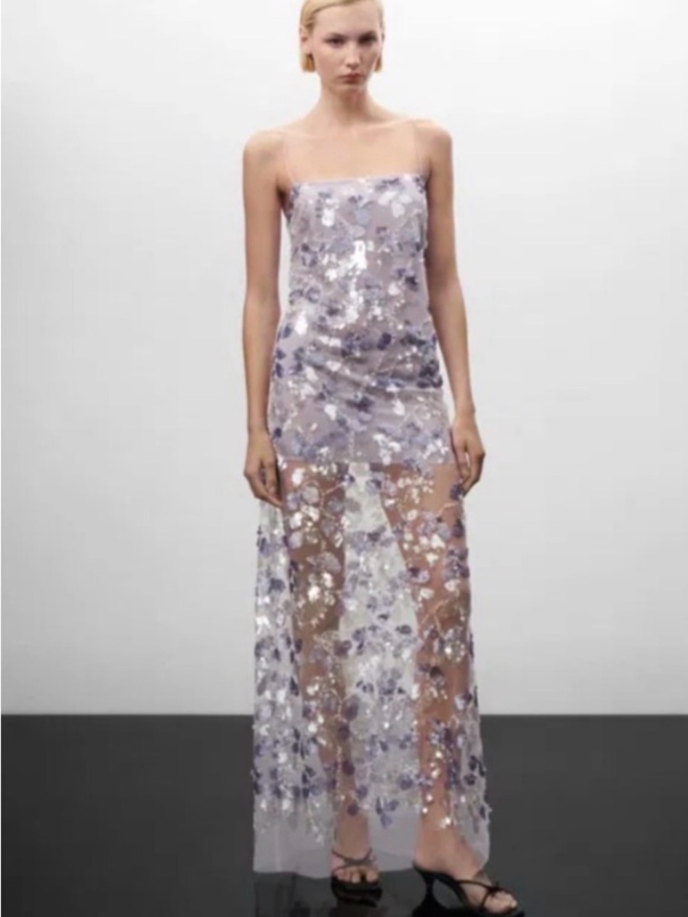 Jen Ceballos x Mango Lavender Strapless Sequin & Appliqué Maxi Dress